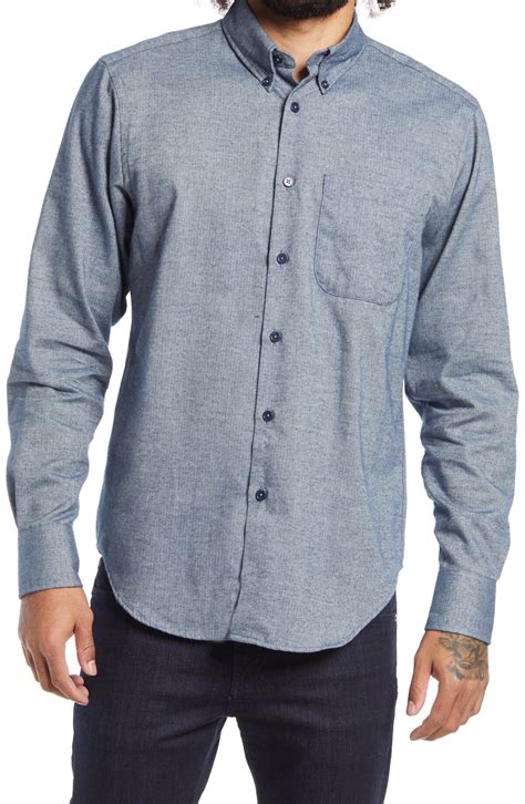 Naked Famous Denim Herringbone Flannel Button Down Shirt Blue Editorialist