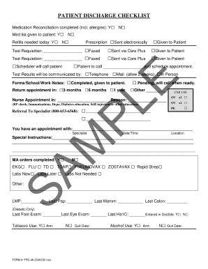 Fillable Online PATIENT DISCHARGE CHECKLIST - hfhs-formslibrary.org Fax Email Print - pdfFiller