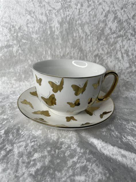 Grace Teaware Butterfly Tea Cup And Saucer Gold White Ebay