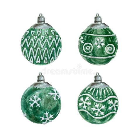 Green Christmas Ornaments Set Hand Drawn In Watercolor Isolated On White Background Stock Vector