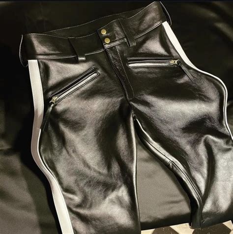 Men S Real Cow Leather Police Breeches Black Pants White Straps For Sexy Gay Ebay