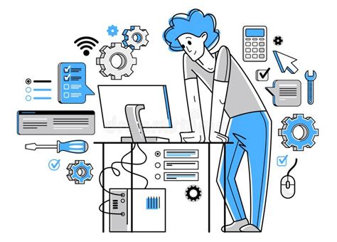 Technician Computer Engineer Repairing Pc Vector Outline Illustration Fixing System Work With