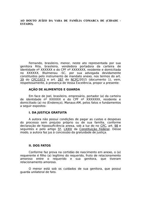 Modelo acao de alimentos e guarda conforme o ncpc AO DOUTO JUÍZO DA