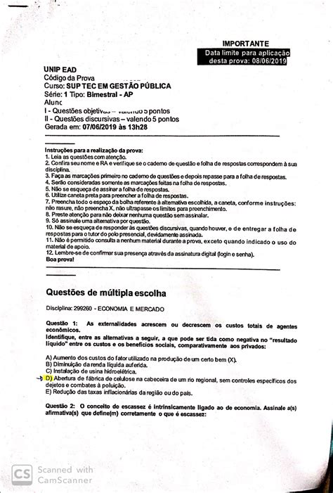 Prova Economia E Mercado UNIP Economia E Mercado Unip