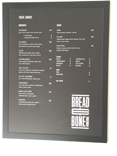 Menu at Bread & Bone restaurant, Adelaide