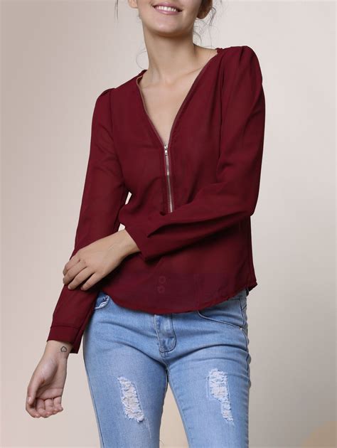 Off Stylish V Neck Long Sleeve Zipper Design Solid Color