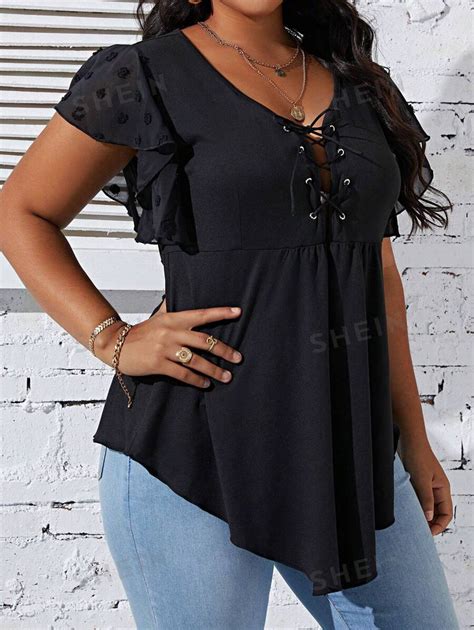 Shein Lune Plus Lace Up Front Butterfly Sleeve Curved Hem Peplum Top