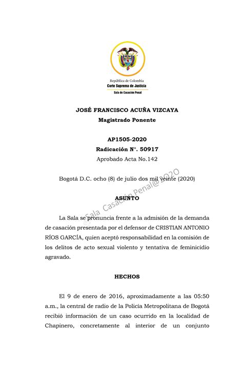 Feminicidio 2 JOSÉ FRANCISCO ACUÑA VIZCAYA Magistrado Ponente AP1505