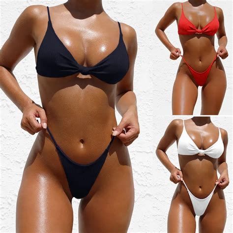 Las mujeres verano Bikini conjunto sólido lazo vendaje push up