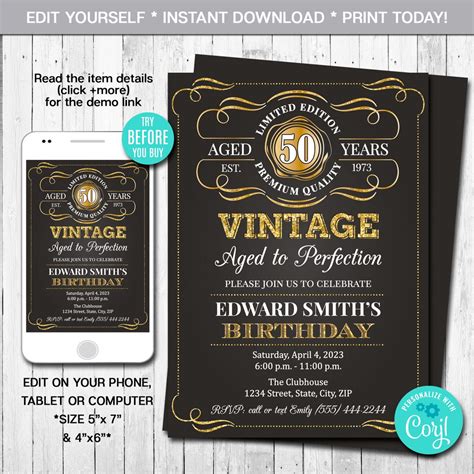 Editable Aged To Perfection Birthday Invitation Vintage Birthday Party