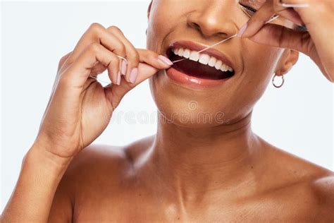 Tooth Floss And Black Woman Face Flossing For Teeth Whitening