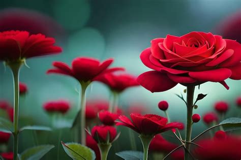 Premium Photo | A red rose is in the middle of a field of roses.