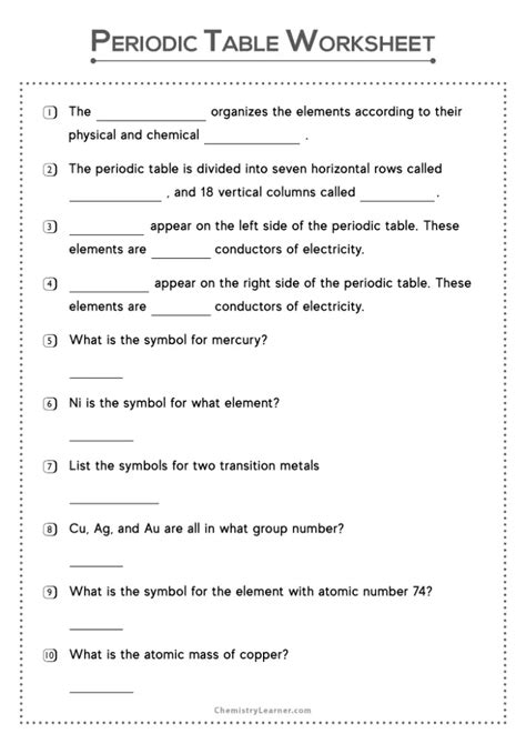 Free Printable Periodic Table Worksheets