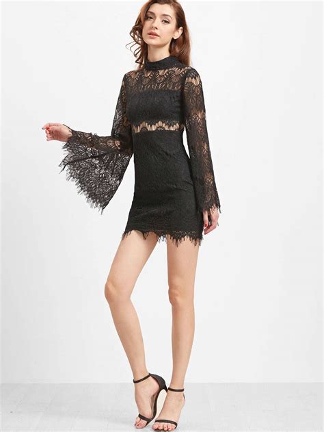 Black Bell Sleeve Eyelash Lace Bodycon Dress Shein Sheinside