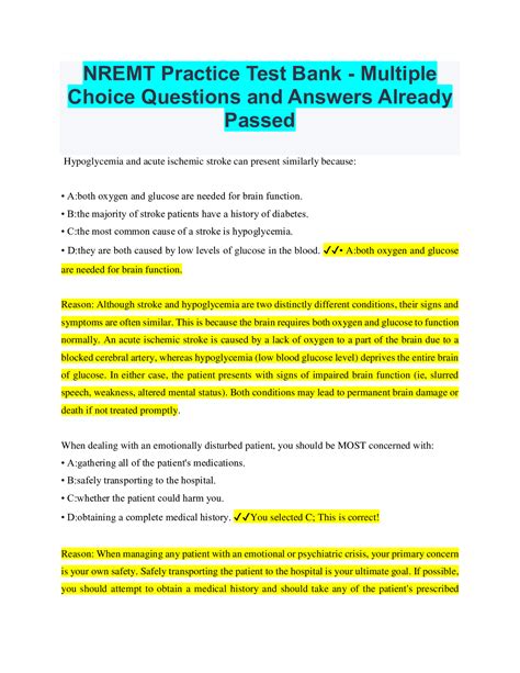 Nremt Practice Test Bank Multiple Choice Questions And Answers Already Passed Browsegrades