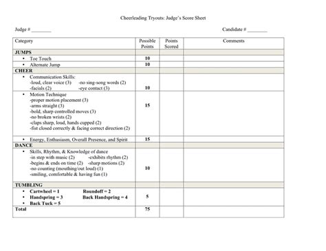 Cheerleading Tryout Score Sheet Download Free Documents For Pdf Word