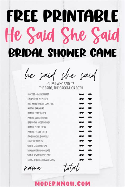He Said She Said Bridal Shower Game Free Printable When You Use My