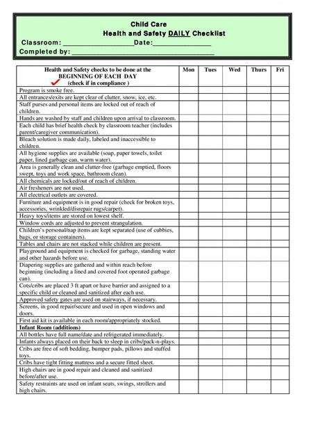 Free Printable Child Care Health And Safety Daily Checklist