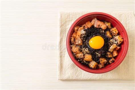 Japanese Rice With Fresh Salmon Raw Tobiko And Egg Salmon Don Stock