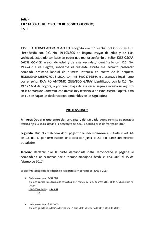 Demanda Laboral Se Or Juez Laboral Del Circuito De Bogota Reparto