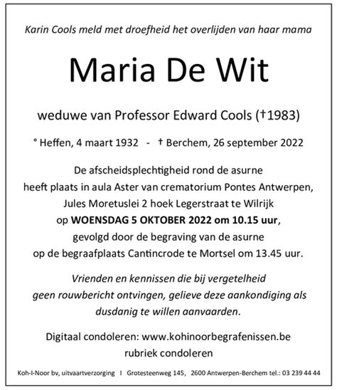 Maria De Wit 26 09 2022 Inmemoriam