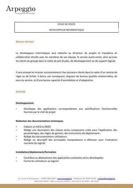 Chef De Projet Developpement Informatique Fiche De Poste