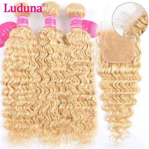 Luduna 613 Blonde Bundles With Lace Closure Deep Wave Brazilian Hair