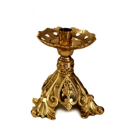 Altar Candlestick Holder Short Ornate Floral Design Sacristan Brass