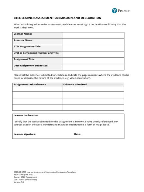 Btec Learner Assessment Submission And Declaration Pdf