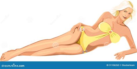 Beautiful Girl In Yellow Bikini Isolated On White Background Stock