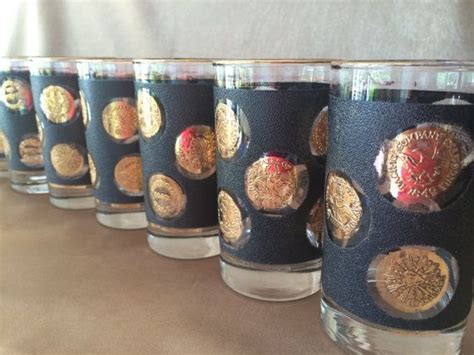 Gold Coin Glassware Black Coin Glasses Vintage Cocktail Mid Etsy Vintage Glassware Gold