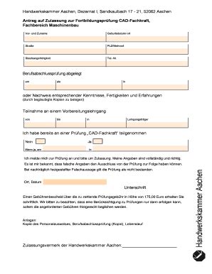 Ausfüllbar Online hwk aachen Antrag auf Zulassung zur