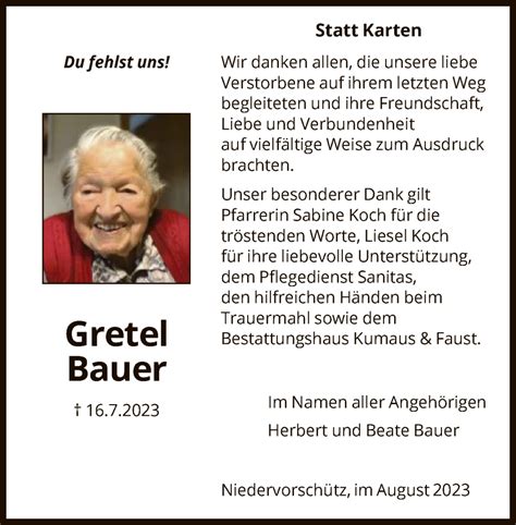 Traueranzeigen Von Gretel Bauer Trauer Hna De