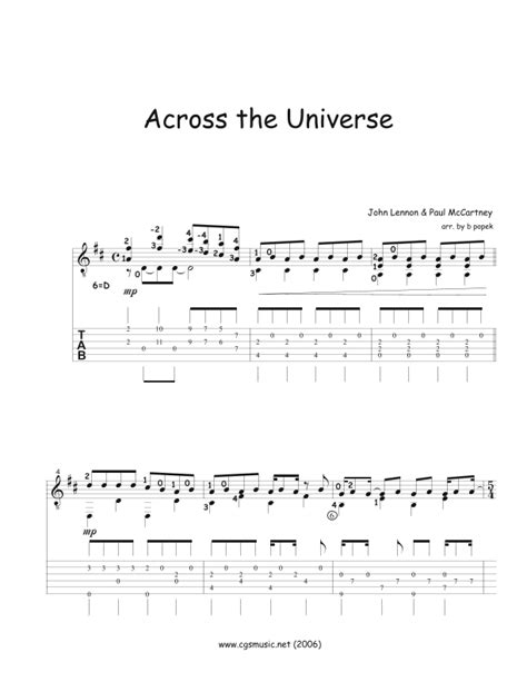 Across The Universe Arr B Popek By The Beatles Sheet Music For