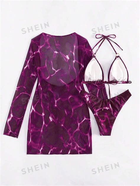 Shein Swim Sxy Summer Beach Marble Print Ring Linked Halter Triangle Bikini Set With Cover Up