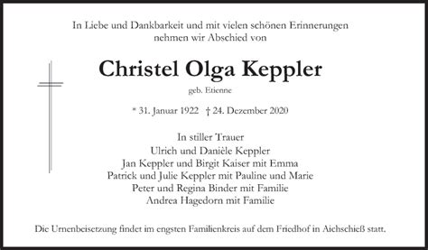 Traueranzeigen Von Christel Olga Keppler Zeit Des Gedenkens De