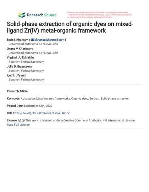 Pdf Solid Phase Extraction Of Organic Dyes On Mixed Ligand Zr Iv