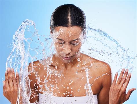 Water Splash Cleaning And Woman With Water Facial Clean And Skincare