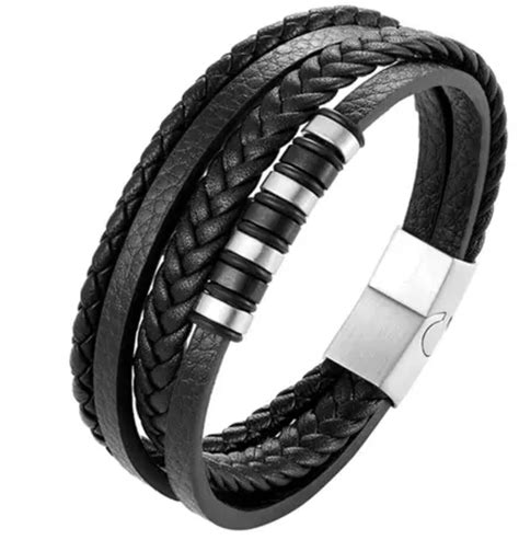 Armband Herren Leder Edelstahl Magnetverschluss Schwarz Silber Ebay