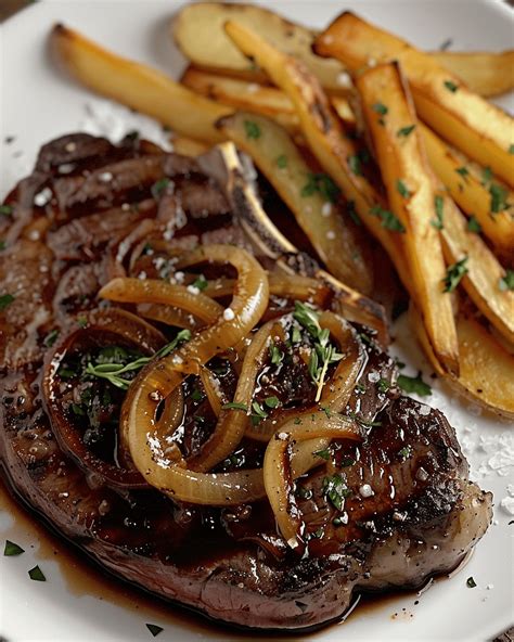 Sizzling Ribeye Steak with Sweet Onions & Golden Fries Recipe - That's