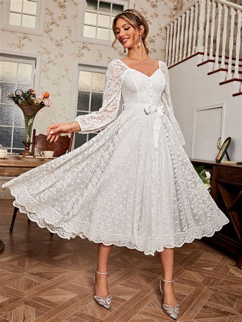 Simplee Sweetheart Neck Lantern Sleeve Belted Lace Dress Shein Usa