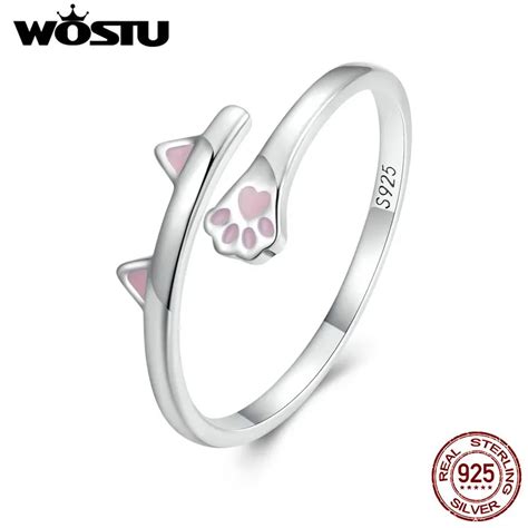 Wostu Sterling Silver Cute Cat Open Rings For Women Lovely Pink