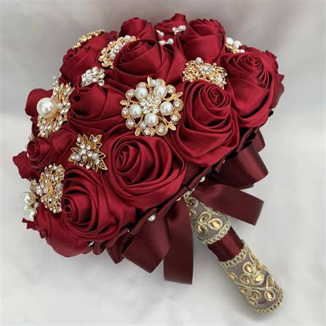 Brides Brooch Bouquet Burgundy Red And Gold Satin Roses Unique