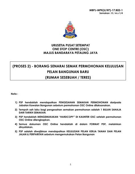 Pdf Borang Senarai Semak Permohonan Kelulusan Pelan Bangunan Baru