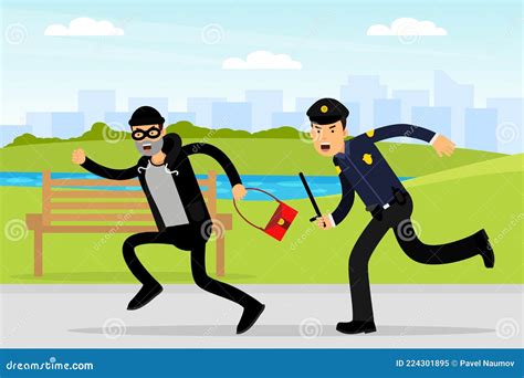 Man Police Officer Or Policeman With Truncheon Chasing Thief Escaping