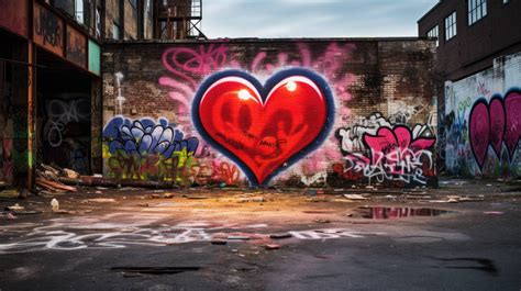 Graffiti wall, showcases heart-shaped art, reflects urban love