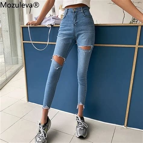 Mozuleva Oto O Flaco Agujeros Rasgados Mujeres Denim Jeans Borla