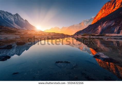 Beautiful Landscape High Mountains Illuminated Peaks Stock Photo ...