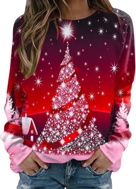 Weihnachtspullover Damen Große Größen Winter Langarm Rundhals Pullover