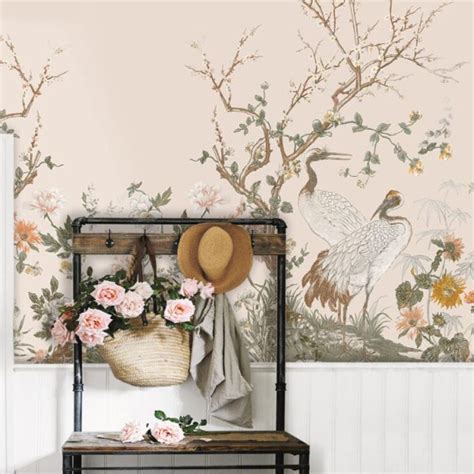 Crane Birds and Flowers Wall Mural